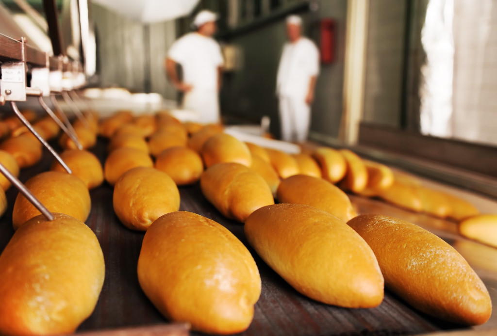 freshly backed bread in a factory